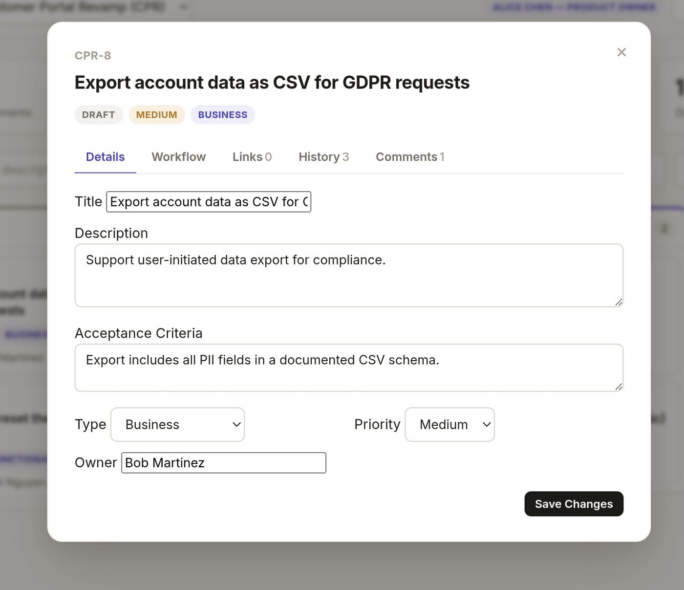 A requirement detail panel showing description, acceptance criteria, type, priority, and owner, with tabs for workflow, links, history, and comments